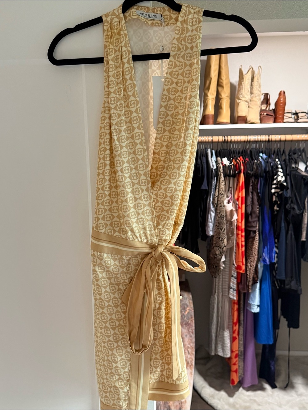 Mon Renn Gold Printed Wrap Dress